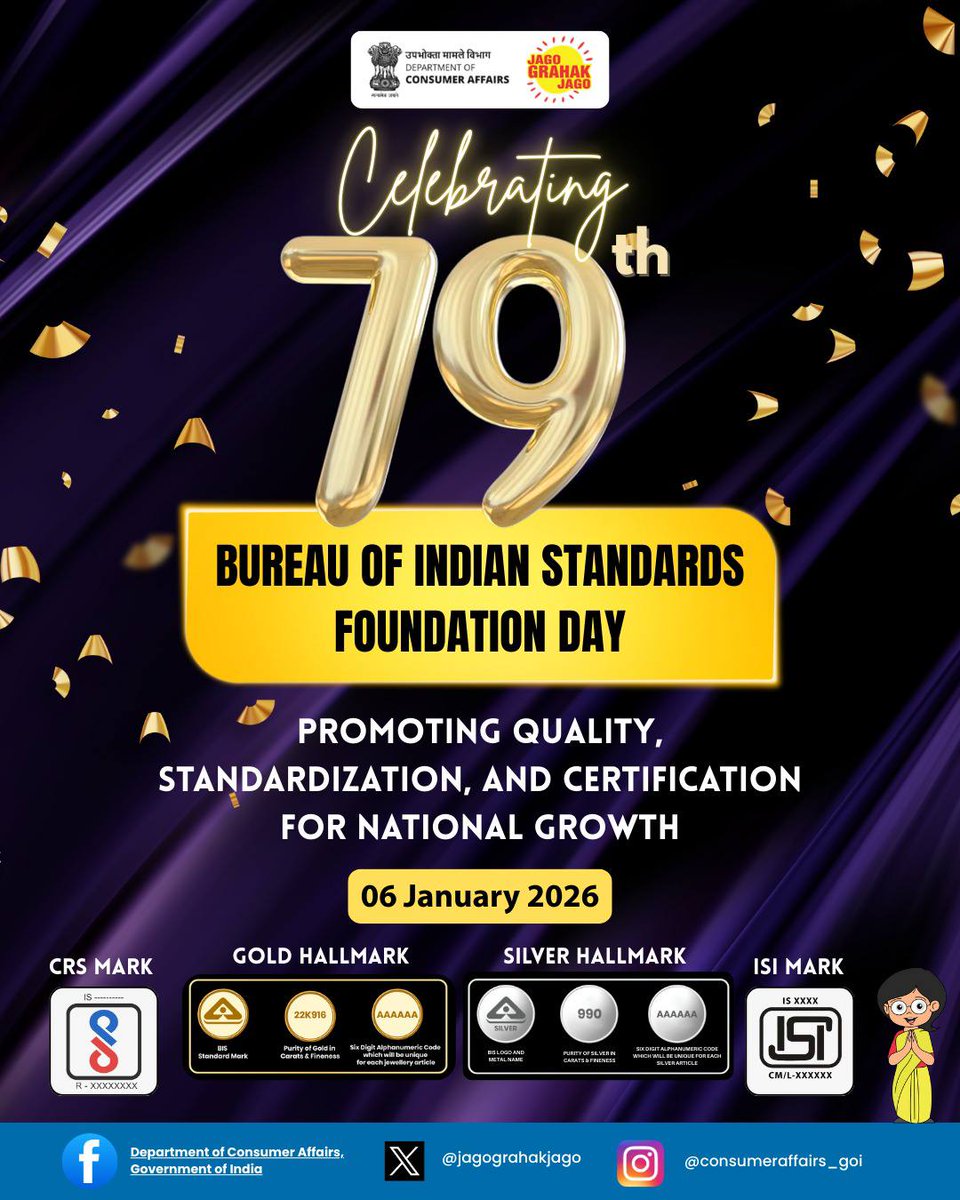 jagograhakjago's tweet photo. Celebrating 79 years of the Bureau of Indian Standards, a proud journey of setting benchmarks in quality, safety, and trust.
#LegacyOfQuality #BISFoundationDay #IndianStandards #JagoGrahakJago https://t.co/4JqHzxLLEX