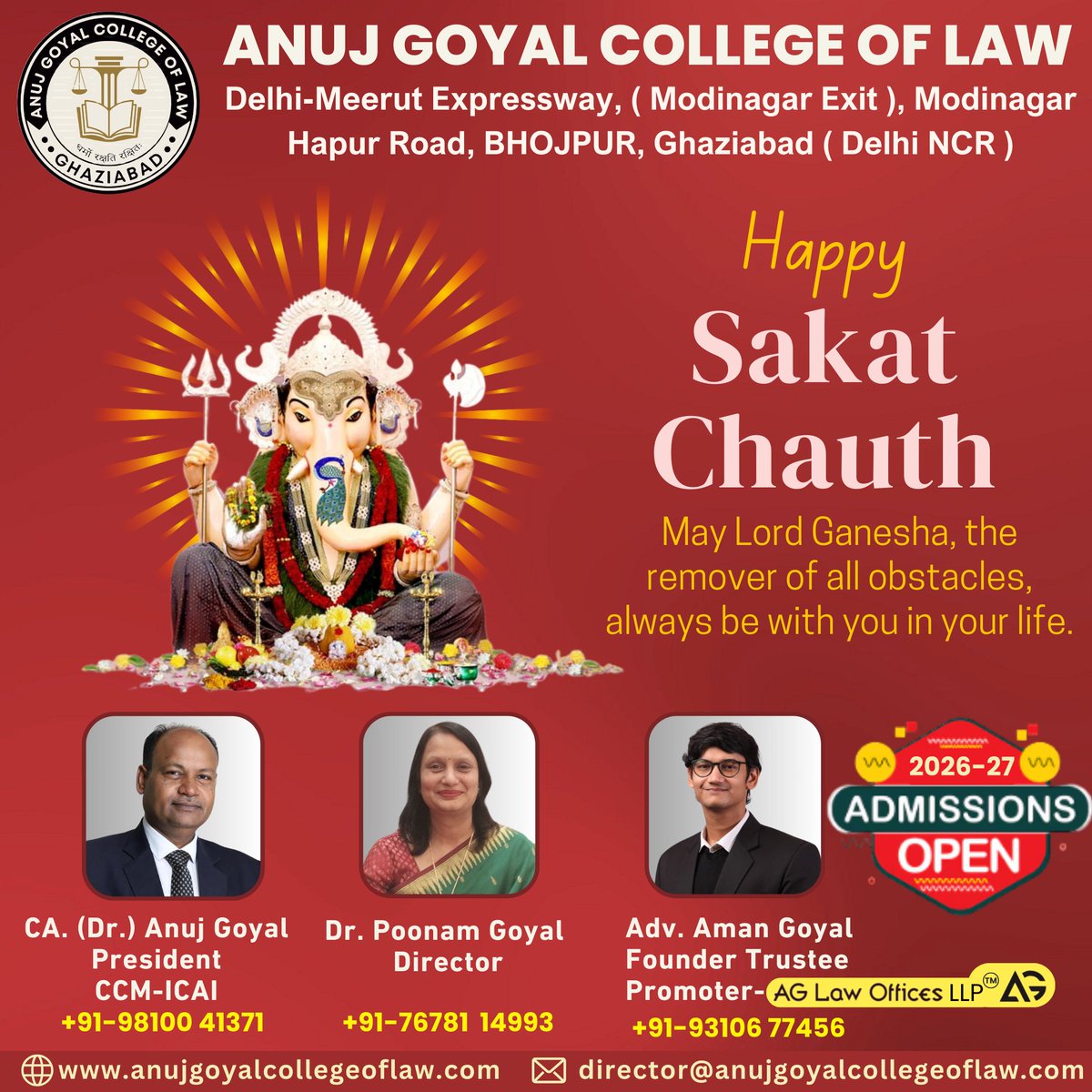 anujgoyallaw's tweet photo. 🙏 Happy Sakat Chauth 🙏
On the auspicious occasion of Sakat Chauth, may Lord Ganesha, the remover of all obstacles, bless everyone with wisdom, prosperity, good health, and success.
🌸 Ganpati Bappa Morya! 🌸
— Anuj Goyal College of Law
#HappySakatChauth #LordGanesha #AGCL https://t.co/gWnKHoqcv1