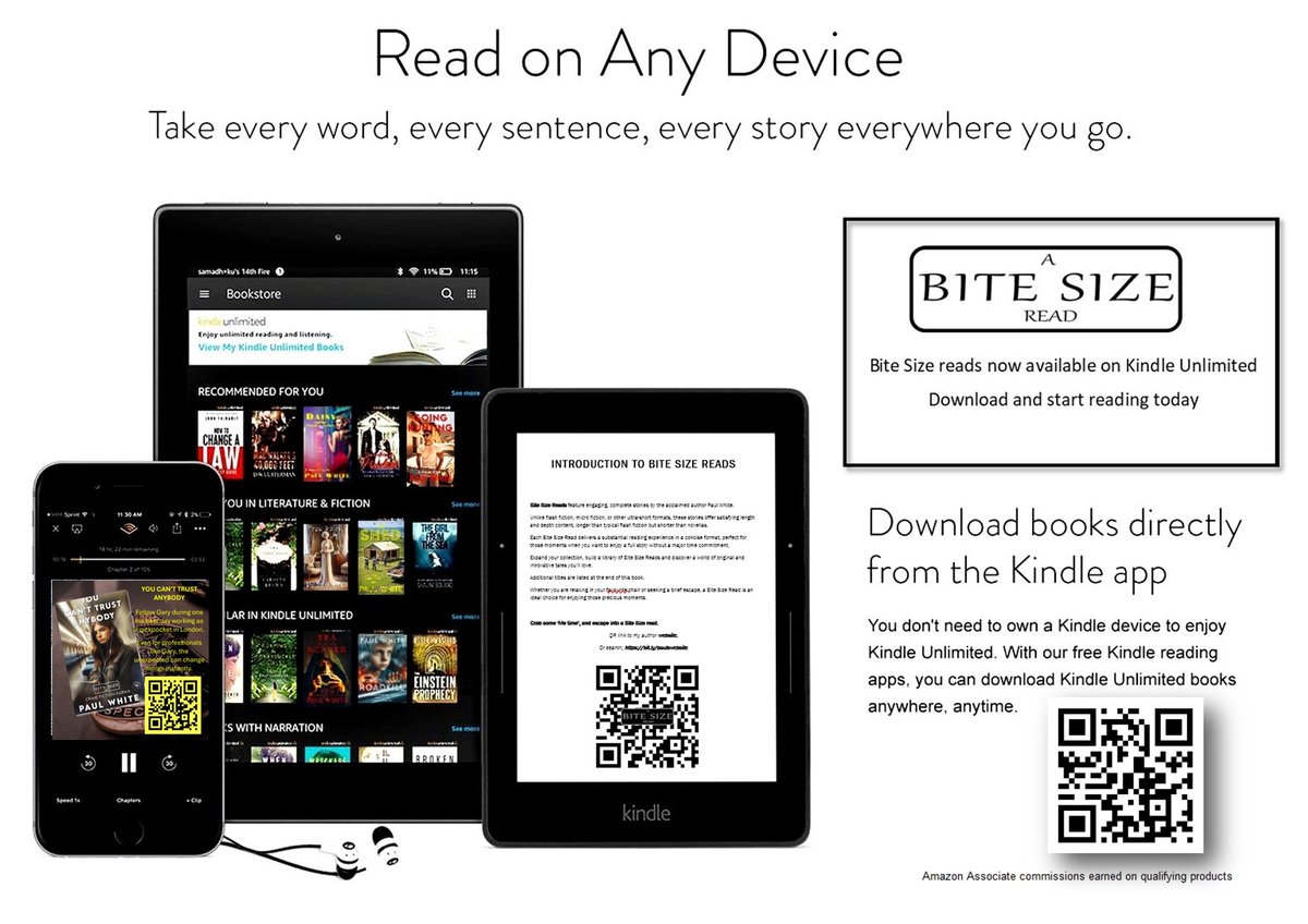 ARE YOU LOOKING FOR A NEW BOOK, A NEW STORY, A NEW AUTHOR… THEN LOOK NO FURTHER.
Bite Size reads are short introductory stories. Read for free as part of your Kindle Unlimited subscription, 
Scan the QR code on the image, or visit amzn.to/45jj0Bh