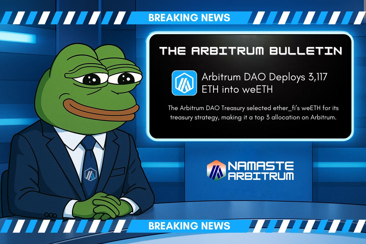 🚨 BREAKING NEWS 🚨

<a href="/arbitrum/">Arbitrum</a> has been deployed into weETH.

The Arbitrum DAO Treasury has selected <a href="/ether_fi/">ether.fi</a>’s weETH for its treasury management strategy, depositing a total of 3,117 ETH on Arbitrum, a top 3 allocation for the DAO.

Why this matters 👇
• Strong vote of
