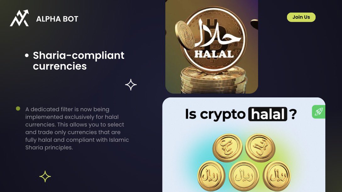 ALPHAROBOTT's tweet photo. 🤖🏆 Sharia-compliant currencies 

A dedicated filter is now being implemented exclusively for halal currencies. This allows you to select and trade only currencies that are fully halal and compliant with Islamic Sharia principles.
#alphabot #trade_bot https://t.co/rw825oy11o