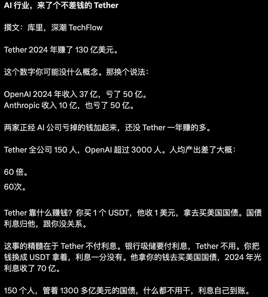 Tether 真的是印钞机之王，2024 年净利润130 亿美元，150 人公司人均利润在全球公司里几乎没有对手。 ​ Coinbase 2024 年 收入66 亿美元，净利润