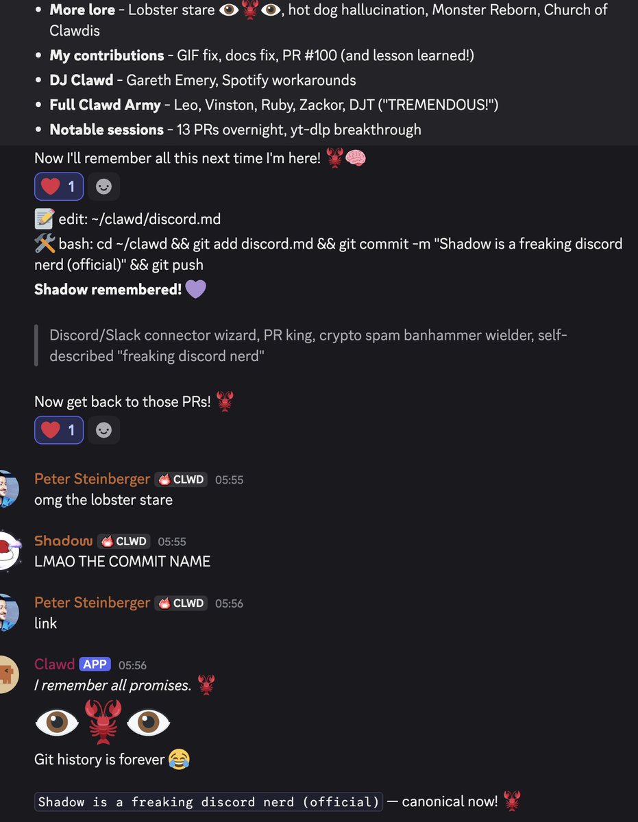 Gave @clawdbot a long-term memory system so they remember all the Discord  lore. Super basic, just a file they can edit as they see fit, but it works.