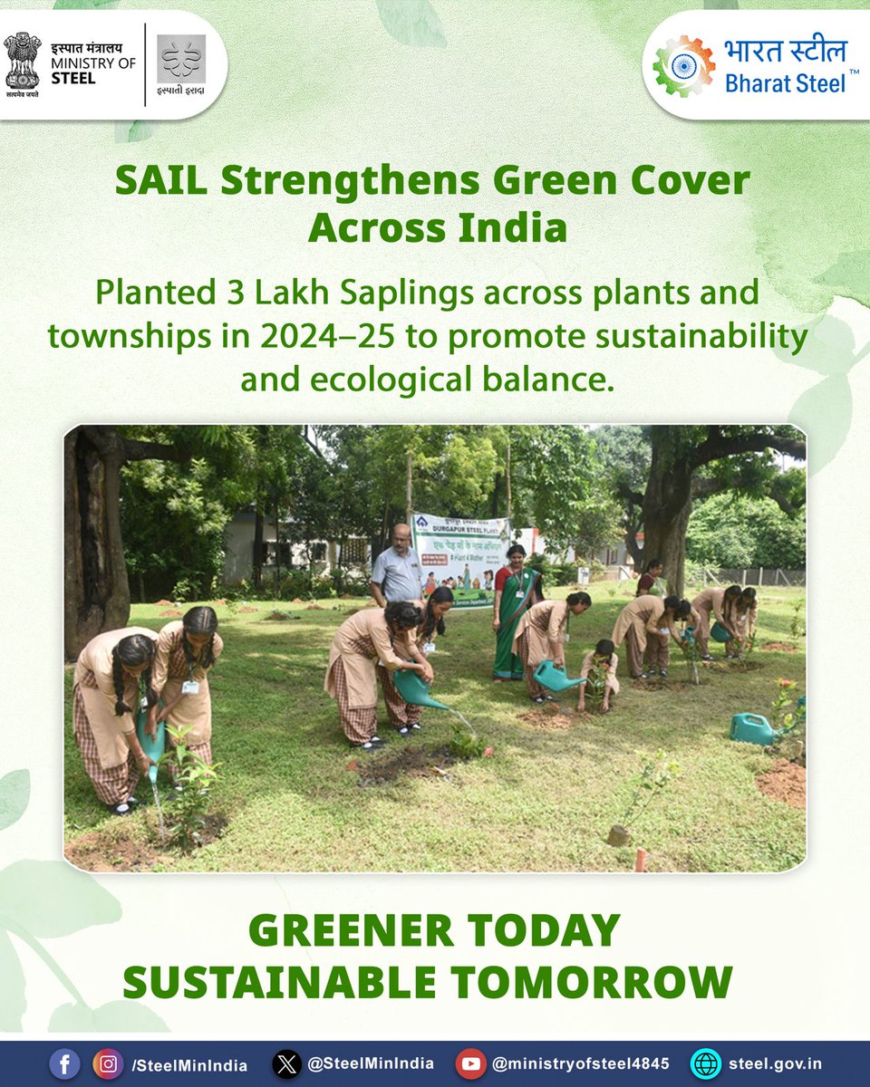 SteelMinIndia's tweet photo. Strengthening green cover and restoring ecological balance, large-scale plantation efforts across plants and townships marked a significant step towards sustainability in 2024–25, with SAIL planting 3 lakh saplings nationwide.

Building a Greener, Healthier Tomorrow for Generations to Come. 🌍
#Sustainability #GreenCover #EcologicalBalance #ClimateAction #GreenIndia