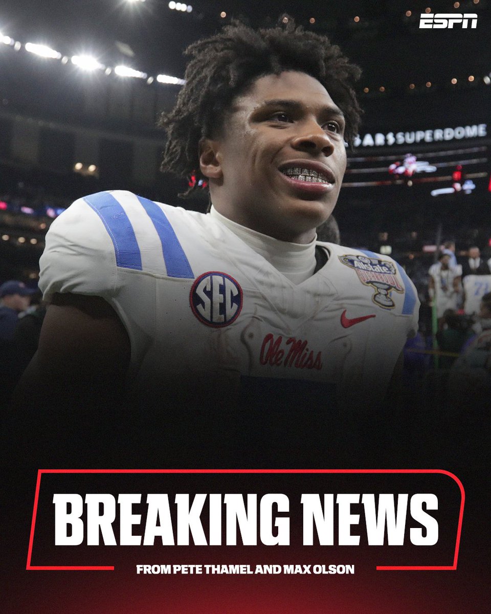 espn's tweet image. Breaking: Ole Miss RB Kewan Lacy has signed to return to the Rebels in 2026, sources tell @PeteThamel and @Max_Olson.