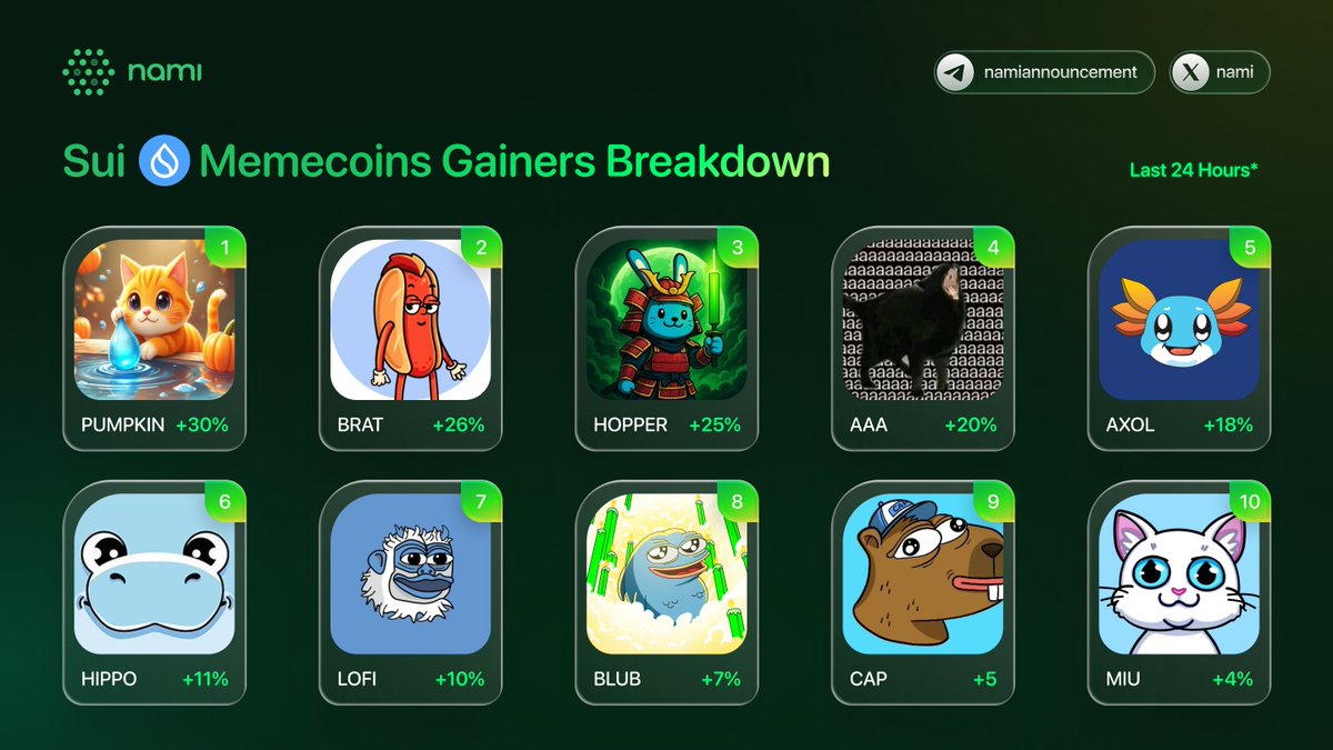 🚀 Sui Memecoins Momentum Update | 24H Top Gainers The Sui ecosystem is  flashing strong meme signals again as liquidity rotates aggressively into  high-beta assets on $SUI 👀🔥 • @ThePumpkinToken — $PUMPKIN +