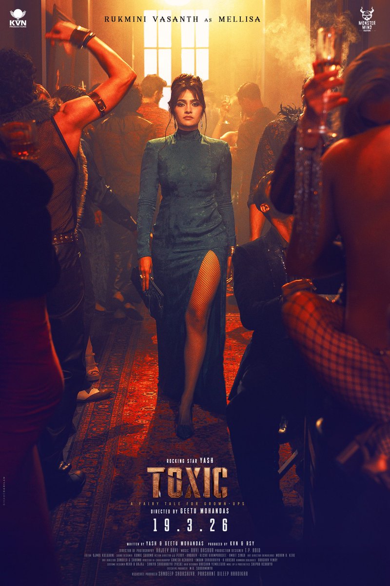 taran_adarsh's tweet photo. 'TOXIC': RUKMINI VASANTH'S FIRST LOOK UNVEILED – 19 MARCH 2026 RELEASE… After unveiling the first looks of #KiaraAdvani, #HumaQureshi, #Nayanthara, and #TaraSutaria, the makers of #Toxic: A Fairy Tale For Grown-Ups have now revealed #RukminiVasanth's character, #Mellisa, from the film.

All the announcements are building up to a big reveal on #Yash's birthday [8 Jan 2026].

After delivering the record-smashing blockbuster #KGF2, #Yash returns to the big screen with #Toxic, slated for release on [Thursday] 19 March 2026, perfectly timed for the festive weekend of #Ugadi, #GudiPadwa, and #Eid.

Written by #Yash and #GeetuMohandas and directed by #GeetuMohandas, #Toxic has been filmed simultaneously in #English and #Kannada, and will be dubbed in #Hindi, #Telugu, #Tamil, #Malayalam, and multiple languages.

Produced by #VenkatKNarayana and #Yash.

#KVNProductions | #MonsterMindCreations | #ToxicTheMovie