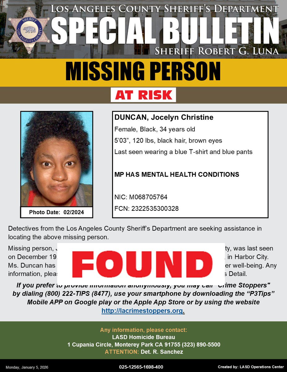 LASDHQ's tweet photo. *UPDATE* #LASD is Advising At-Risk Missing Person Jocelyn Christine Duncan Has Been Located #HarborCity
https://t.co/MAdMEZYh3j https://t.co/EcYQ3PNuQM