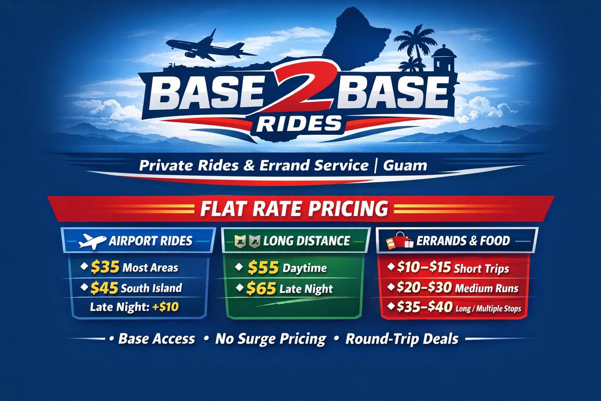 OnlyOnePluto's tweet image. Base 2 Base Rides is now live in Guam 🚗
Private, reliable transportation for locals &amp;amp; military.
✈️ Airport pickups
🏠 Base access available
🛍️ Errands &amp;amp; food runs
⏰ Early &amp;amp; late rides