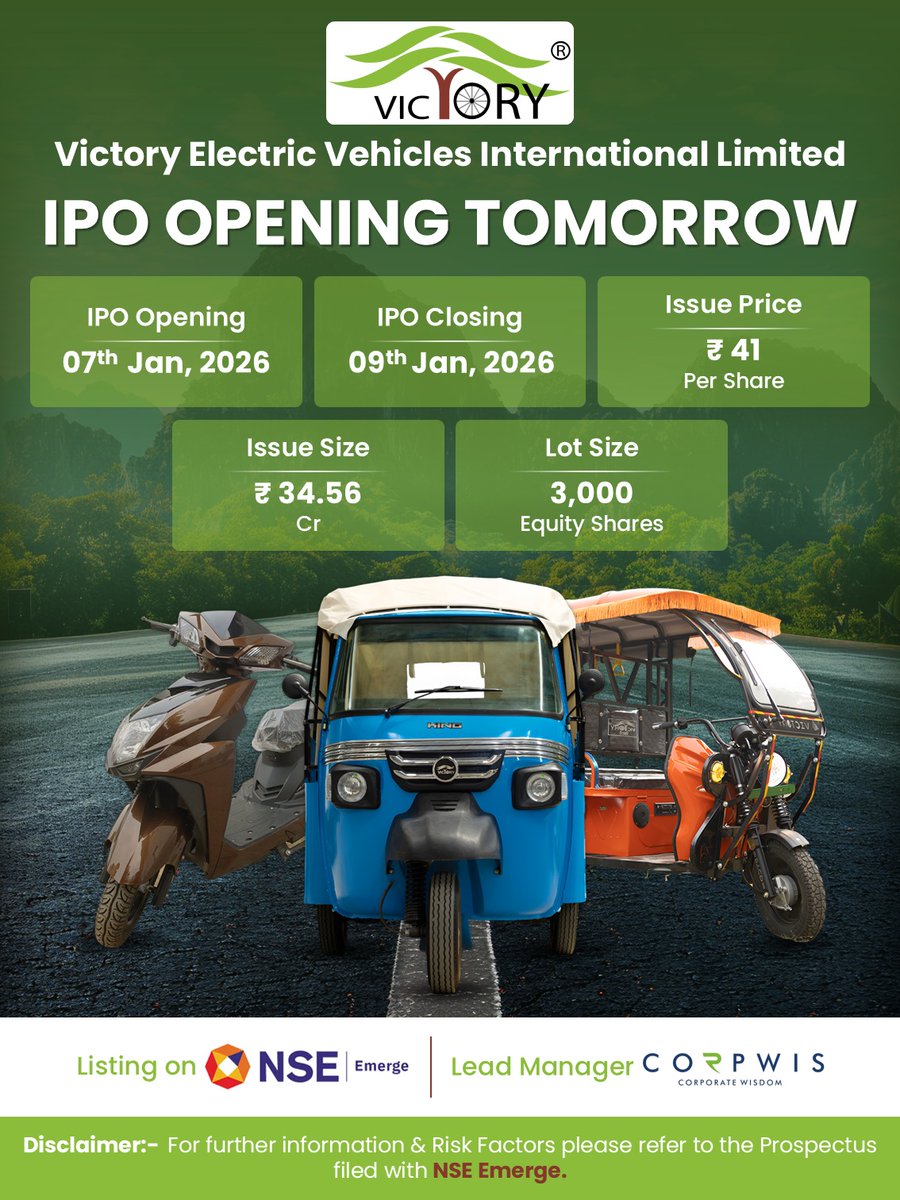 AKMILAdvisors's tweet photo. #VictoryElectricVehicles #VictoryEV #IPOOpeningTomorrow #IPO #IPO2026 #SMEIPO #NSEEmerge #IPOUpdate #PublicIssue #CapitalMarkets #ElectricVehicles #EVIndustry #ElectricMobility #EVManufacturing #ERickshaw #ECargo #ElectricScooters #GreenMobility #SustainableTransport #CleanEnergy #MakeInIndia #EVGrowth #AutoSector #CorpwisAdvisors