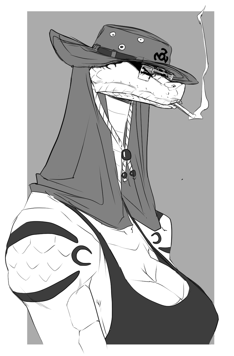 I'm going to post this trusting that I'm not sleepy enough to miss any possible mistakes i mighty have made. My schedule was to do other characters this week and more elaborate art,but you surprised me with the acceptance of Teresa. "The snake is smoking." #anthroart #furryart
