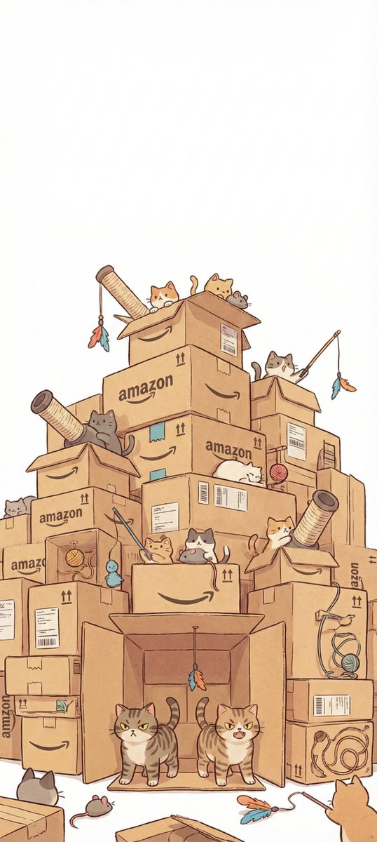 musitsune's tweet image. 段ボールの要塞📦 #フリー壁紙
猫たちは砲台（爪とぎ）を設置🐱 ※タップ推奨
