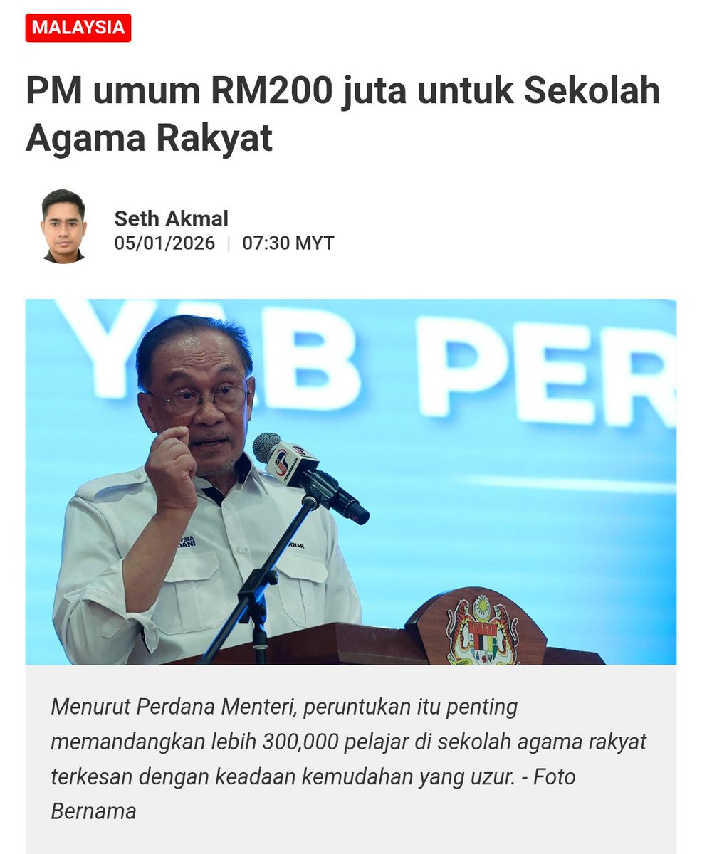 SJKC dapat RM 80 juta.
SJKT dapat RM 50 juta.

Jangan cerita takat tu ja. Cerita bagi habis.

Yg betulnya -

Sekolah Agama Rakyat &amp; Tahfiz pun dapat RM200 juta. ✅

Sekolah Kebangsaan SK &amp; SMK tak dapat ka?

Oh.. Untuk SK &amp; SMK PMX umum dah dalam Belanjawan 2026 tahun lepas, yg