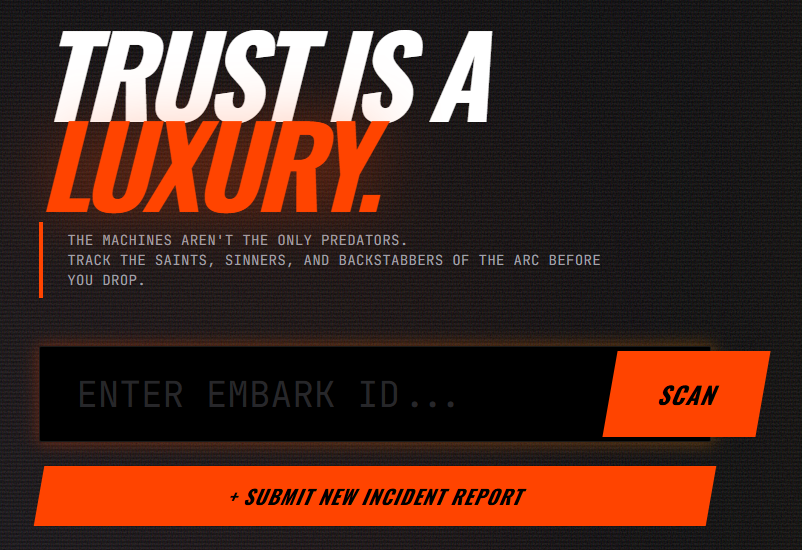 RaiderRep's tweet image. TRUST IS A LUXURY.

Introducing RaiderRep: The first reputation database for #ARCRaiders.

Vet your teammates. Report the Rats. Honor the Heroes.

Check your ID now: raiderrep.com 
#RaiderRep