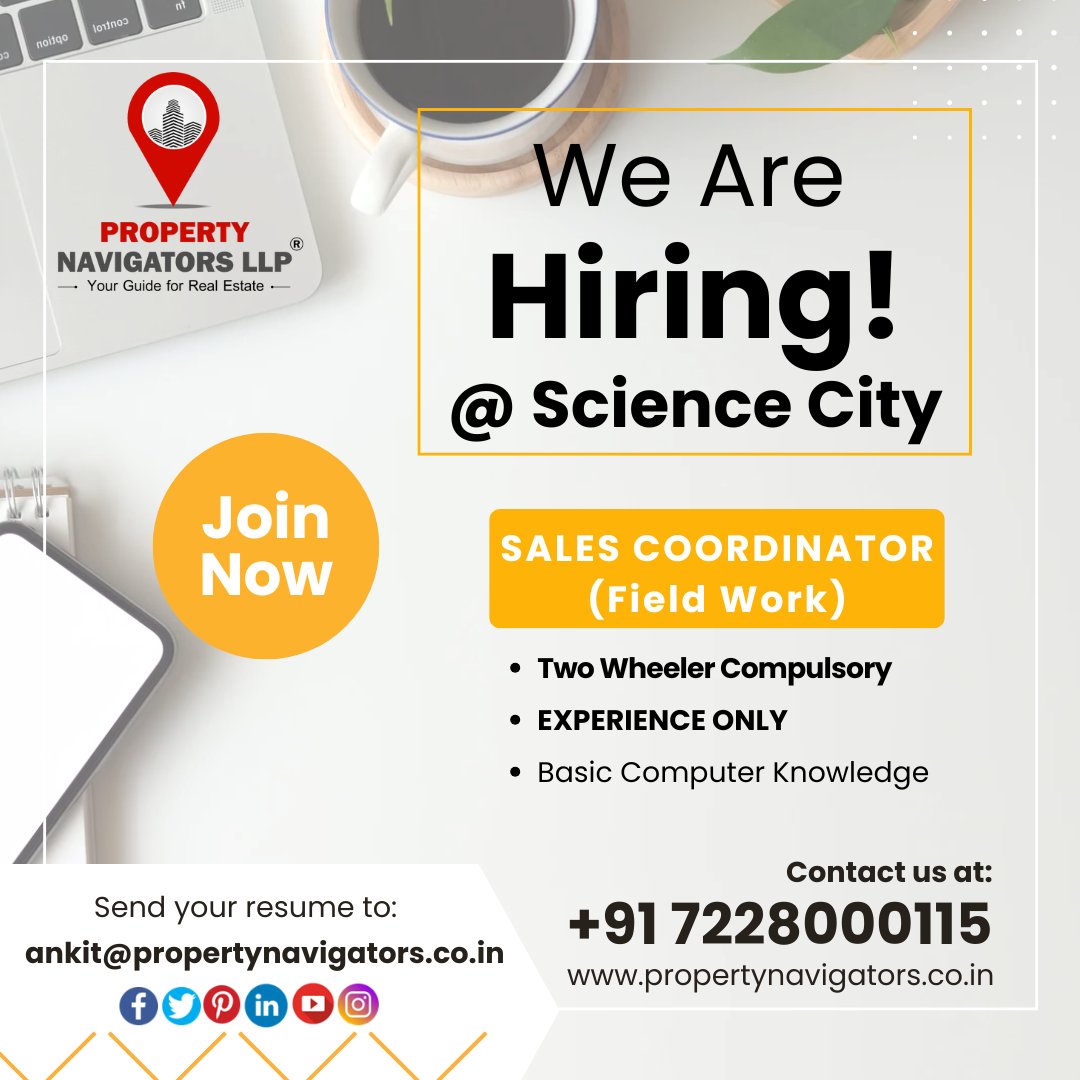 LlpProperty's tweet photo. We are Hiring candidate for Real Estate Consultancy 
at Science City, Ahmedabad.

 Open Position: SALES COORDINATOR
✔️ Two Wheeler Compulsory 
✔️ Experience ONLY
✔️ Basic Computer Knowledge 

@LlpProperty  us on +91  7228000115 or mail your CV at ankit@propertynavigators.co.in https://t.co/Rz5M9TvzqJ