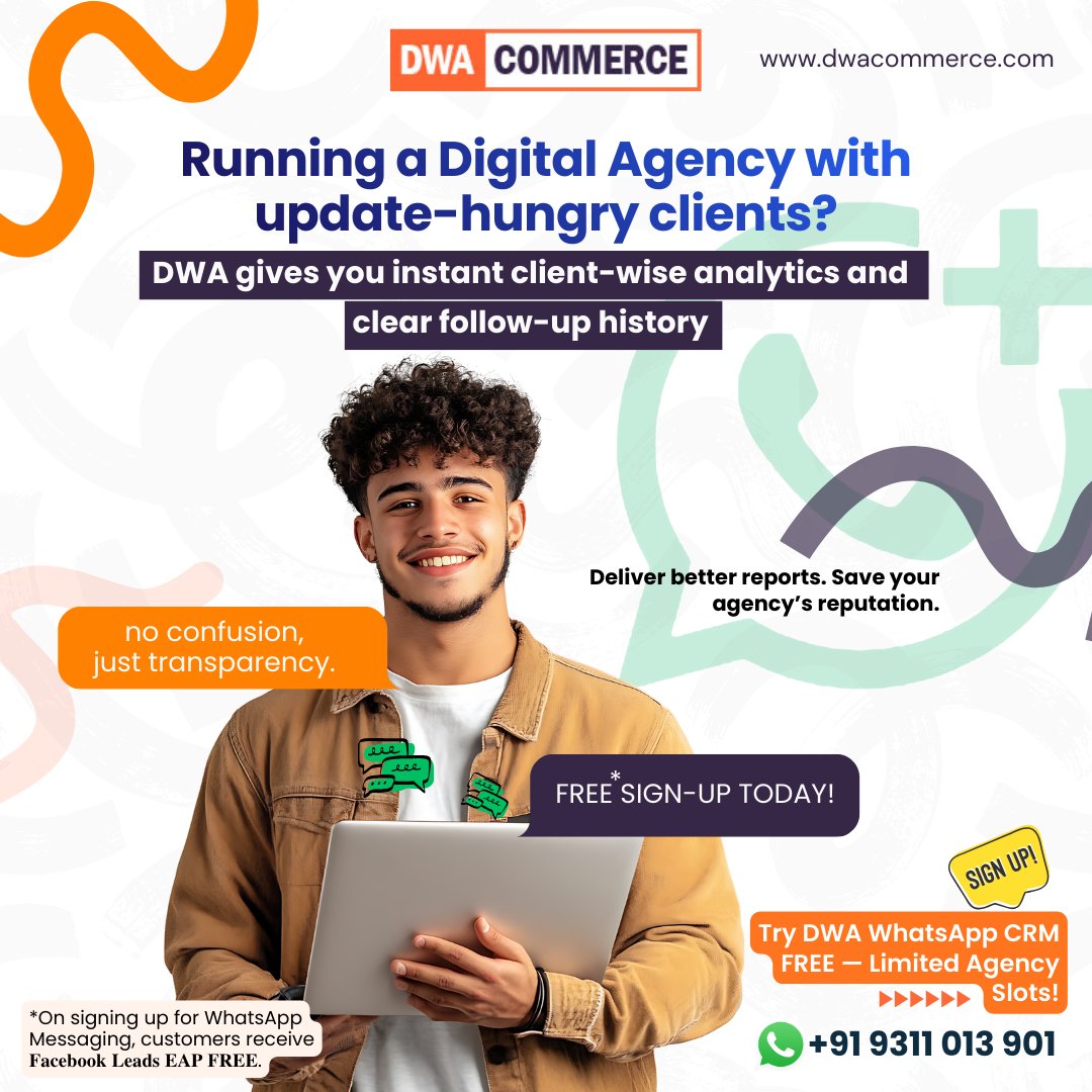 DWACommerce's tweet photo. Update-hungry clients slowing your agency down? 😓
DWA Commerce WhatsApp CRM gives clear client-wise updates, lead status &amp; reports in ONE dashboard. No confusion. Full transparency.

Early Access | FREE* Sign-Up
👉 https://t.co/6hYQx9fBGN

#DWACommerce #WhatsAppCRM #AgencyGrowth https://t.co/ebK5gqwsJS