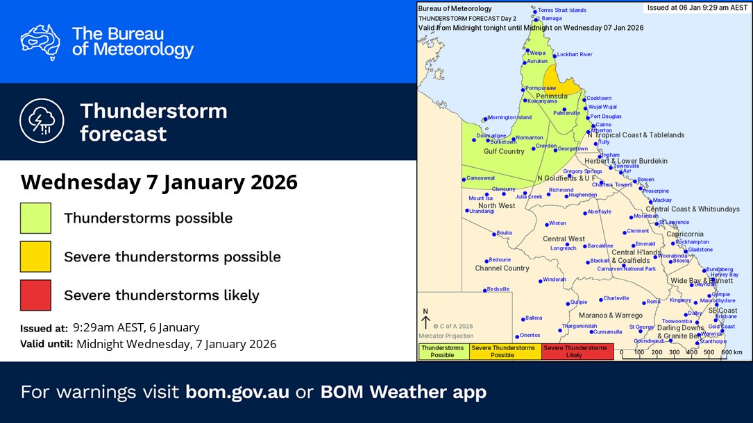BOM_Qld's tweet photo. ⛈️Queensland Thunderstorm Outlook - 7 January

Storms possible about the north of the state tomorrow
Severe storms with heavy rainfall about the are possible about eastern Cape York between Cooktown and Lockhart River

https://t.co/4B5ukOXCcR https://t.co/71Peiz5hPY