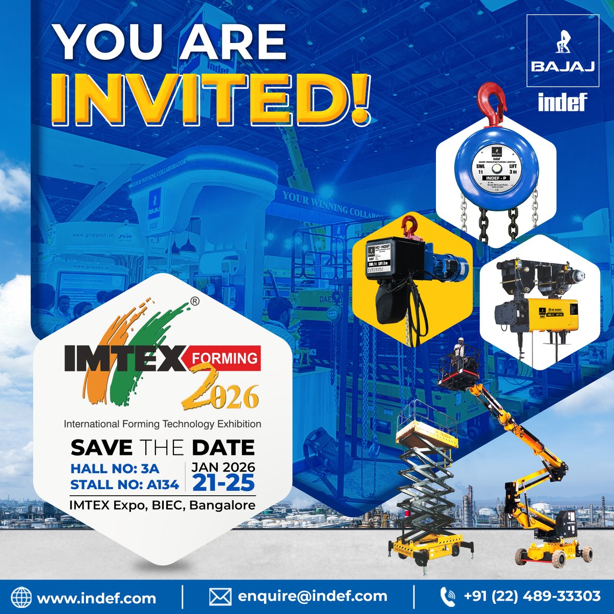 bajajindef's tweet photo. 🚀 𝐋𝐢𝐟𝐭 𝐒𝐦𝐚𝐫𝐭𝐞𝐫. 𝐑𝐞𝐚𝐜𝐡 𝐇𝐢𝐠𝐡𝐞𝐫. Meet Us at IMTEX Expo 2026! 🚀
 
Bajaj INDEF showcases its 𝐀𝐝𝐯𝐚𝐧𝐜𝐞𝐝 𝐌𝐚𝐭𝐞𝐫𝐢𝐚𝐥 𝐇𝐚𝐧𝐝𝐥𝐢𝐧𝐠 𝐚𝐧𝐝 𝐀𝐖𝐏 𝐬𝐨𝐥𝐮𝐭𝐢𝐨𝐧𝐬.
 
📍 Hall No. 3A | Stall No. A134
📌 BIEC, Bengaluru
 📅 Jan 21–25, 2026 https://t.co/wBAP17yOD7