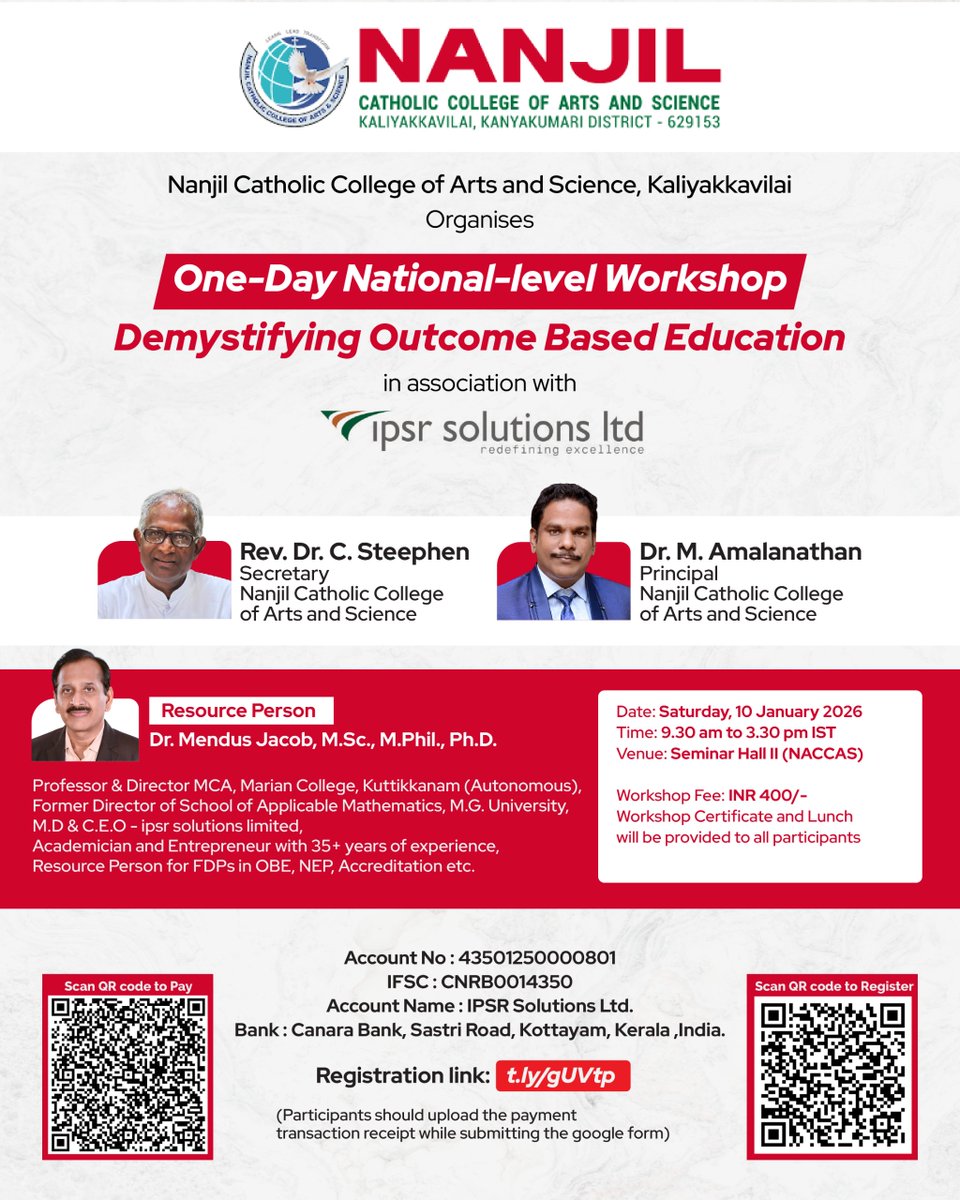 ipsrAcademiX's tweet photo. One-Day National-level Workshop on OBE at 
Nanjil Catholic College of Arts and Science Kaliyakkavilai
Date: 10 January 2026 (Saturday)
Time: 9:30 AM to 3:30 PM IST
Venue: NCCAS, Kaliyakkavilai, (Tamil Nadu - Kerala Border), Kanyakumari dist
More Details: https://t.co/fvbisNQNXu https://t.co/OE9ISfc5Rb