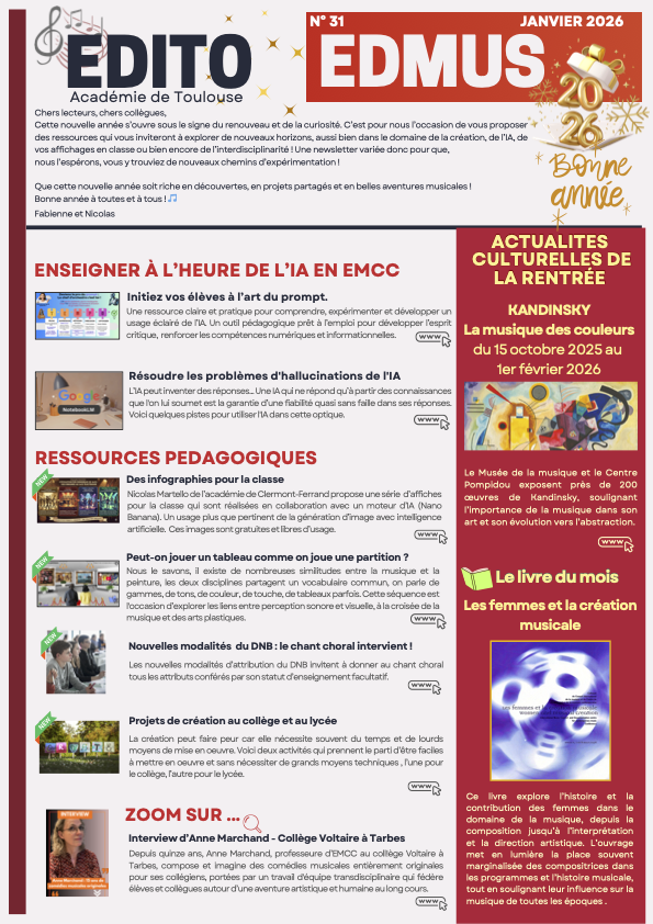 ✨ Bonne année 2026 ! 🎶

La Newsletter EMCC n°31 de l'académie de Toulouse est disponible ! 
pedagogie.ac-toulouse.fr/education-musi…
Au programme : 
🤖 Enseigner avec l'#IA en #EMCC
🏫 Nouvelles affiches pour la classe 
🎤 Actu DNB &amp; Chant choral

Bonne lecture !