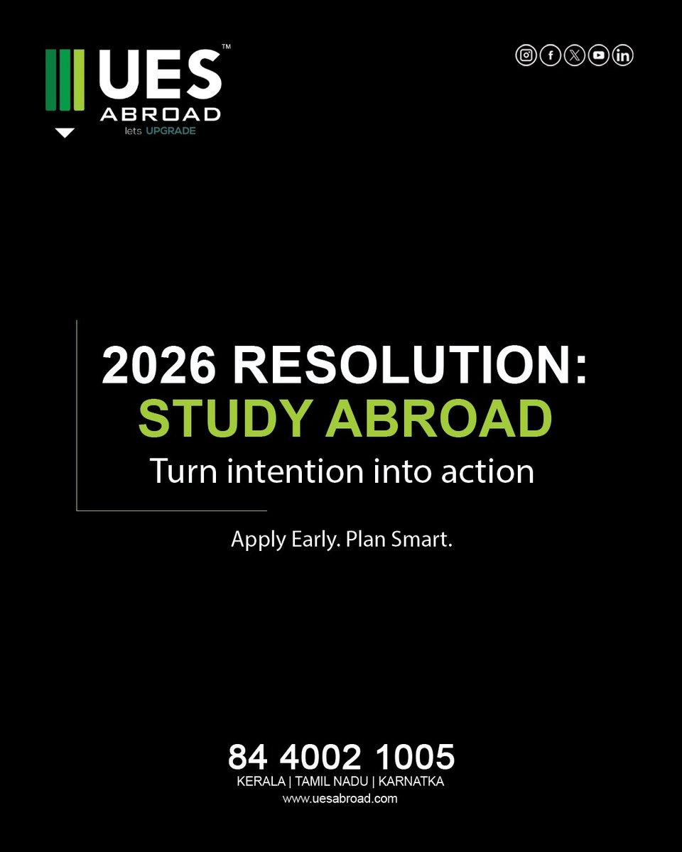 uesabroad's tweet image. New Year, New plans. If study abroad is your goal, make it possible this year itself. Start executing and apply early. Don't worry, we will guide you.
.
📞Call : 8440021005
🌐Visit : uesabroad.com
.
#StudyAbroad2026 #EducationConsultancy #StudyAbroadConsultancy