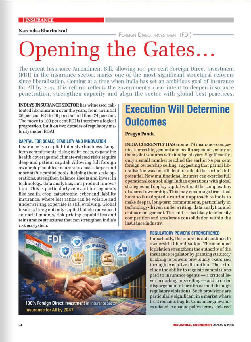 ibai_in's tweet image. “Opening the Gates to 100% FDI in Insurance” In The Industrial Economist, Narendra Bharindwal, President, IBAI, shares his perspective on the Insurance Amendment Bill and its impact on India’s insurance sector.​

#InsuranceAmendmentBill #FDI #IBAI #InsuranceReforms
