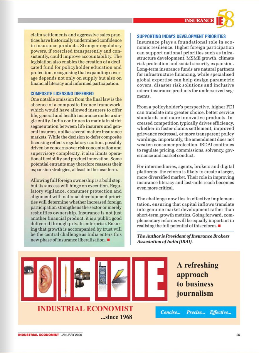ibai_in's tweet image. “Opening the Gates to 100% FDI in Insurance” In The Industrial Economist, Narendra Bharindwal, President, IBAI, shares his perspective on the Insurance Amendment Bill and its impact on India’s insurance sector.​

#InsuranceAmendmentBill #FDI #IBAI #InsuranceReforms