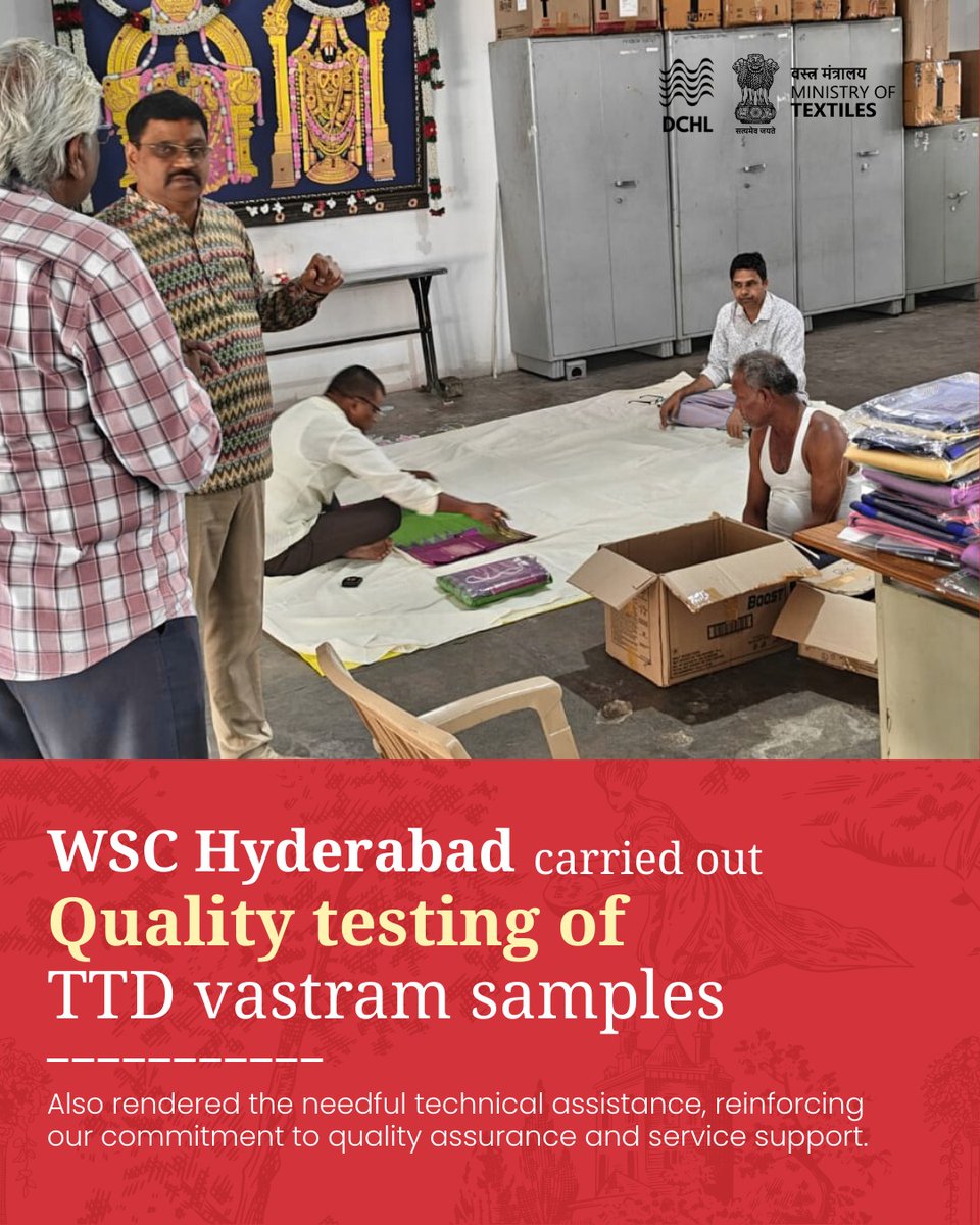 dchandlooms01's tweet photo. WSC Hyderabad conducts quality testing of TTD vestram samples, providing technical assistance to ensure quality assurance and service support.
#hyderabad #qualitytesting #textiles #handlooms #weaversofindia https://t.co/vJAFgtg8ES