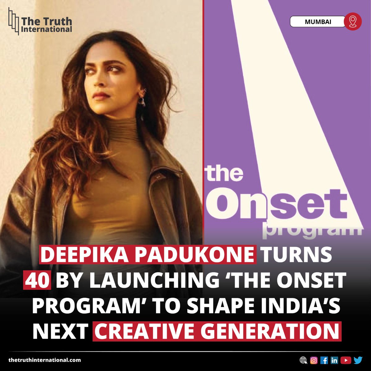 ttimagazine's tweet image. Deepika Padukone Turns 40 by Launching ‘The OnSet Program’ to Shape India’s Next Creative Generation

For More Details:
thetruthinternational.com/deepika-paduko…

#DeepikaPadukone #Turns40 #Launching #TheOnSetProgram #Shape #India #Next #Creative #Generation #Bollywood #Actress
