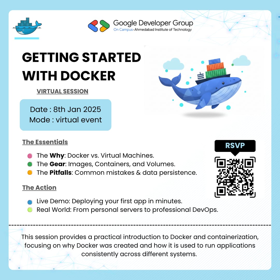 ait_gdsc's tweet photo. 🚀 Getting Started with Docker 🐳
Beginner-friendly hands-on session on Docker &amp; Containerization!
🎓 Students | Beginners | DevOps Enthusiasts
📅 8 Jan 2025 | 🕡 6:30 PM
🌐 Virtual Event
🔗 Register now:
https://t.co/0k5GoQ5Z59 https://t.co/UkNIk6Cptt