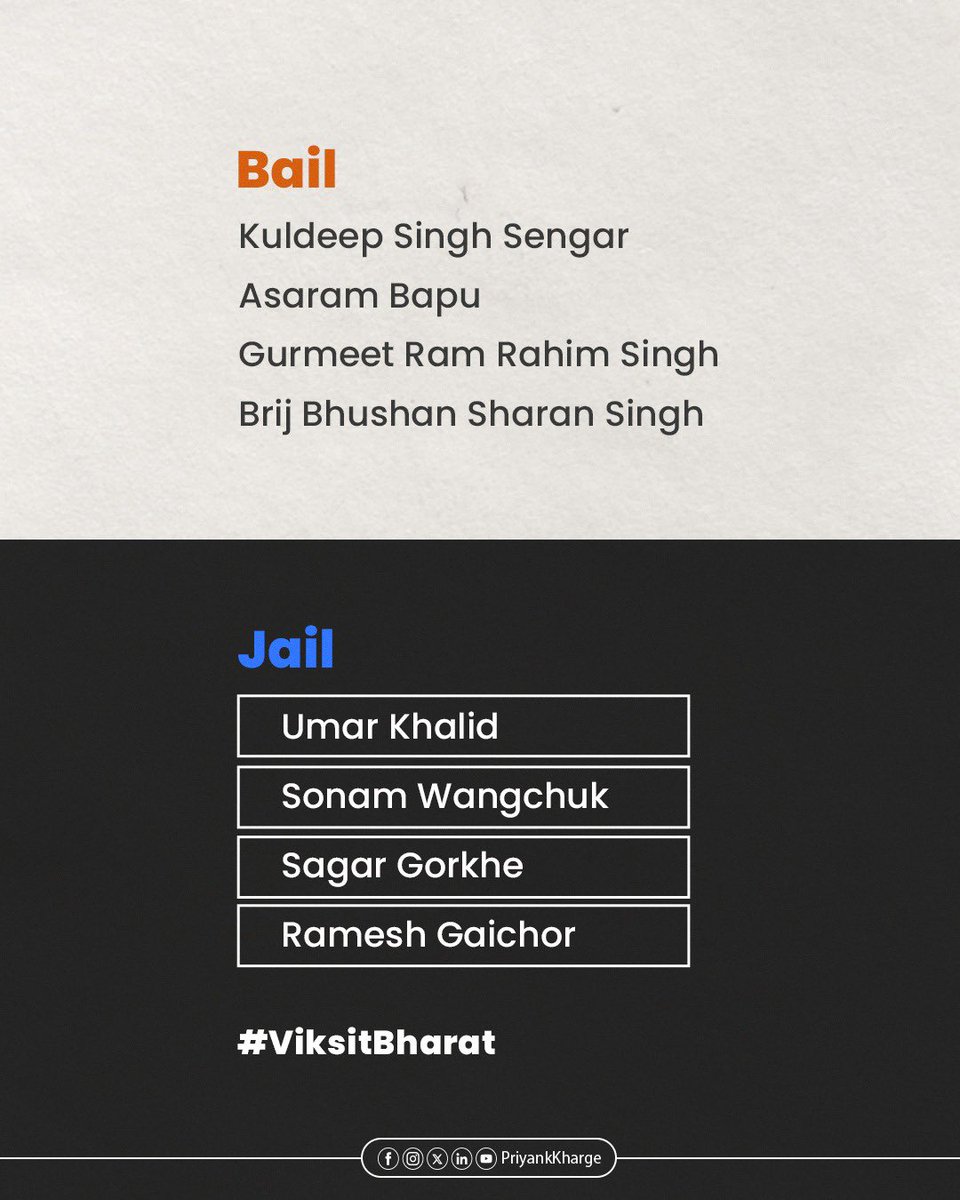 BagawanMuzaffar's tweet image. Justice in #Modi Raj

#Jail for #Activists #Scholars #Scientist 

#Bail for #Rapists #Murderers 

#UmarKhalid #UmarKhalidBailPlea  #SharjeelImam #RamRahim #UAPA #SupremeCourtofIndia #ViksitBharat #India #LawAndOrder