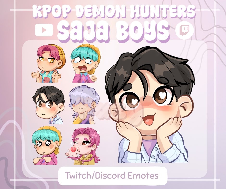 FlintInSteel's tweet photo. Saja Boys emotes! 

This emote pack is now up and live on my Etsy! For you all to use in your streams or discord chats

https://t.co/32TazgLhGu

I loved how the boys turned out! Hoping to make a bunch more 🫶🏻

#emote #emoteartist #twitch #streamer #sajaboys #KPOPDEMONHUNTERS https://t.co/kDubvFTg3A