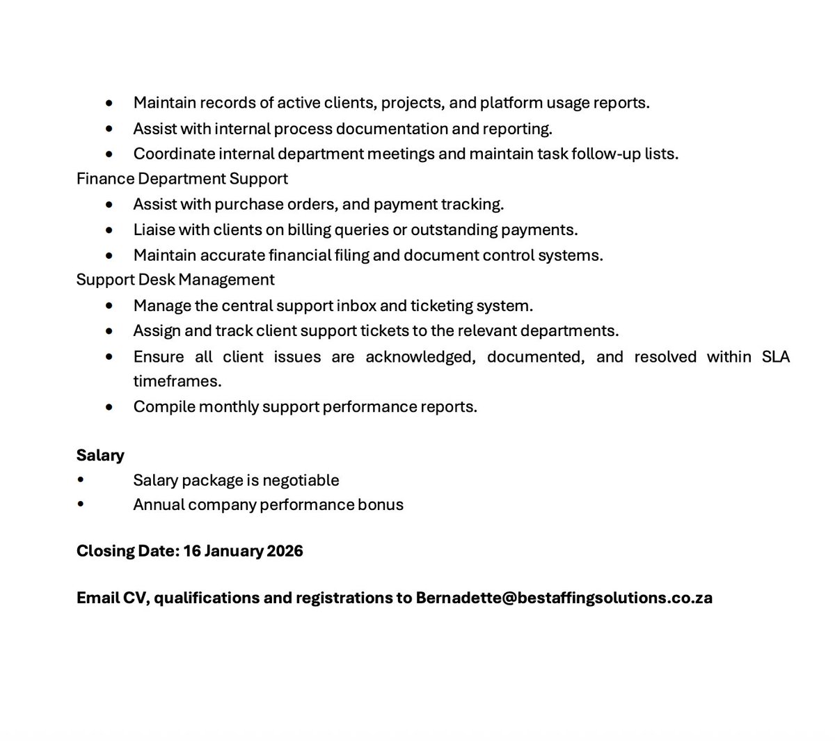 yuthconnect's tweet photo. 📌Departmental Support &amp; Administrator - Bedfordview

Our client is looking for a proactive and organised individual to join their team as a Departmental Support &amp; administrator.

Email your CV, relevant qualifications and current/last CTC to Bernadette@bestaffingsolutions.co.za https://t.co/N6PWkiYRtN
