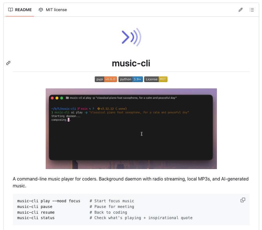 drissdo185's tweet photo. Hello everyone, once again I really love CLIs, and I have an idea for a music CLI, which means a command-line interface to play music clips. I intended to make it for fun, but I researched and found that some people have already made it. It’s really nice—just check it out! https://t.co/nzS7KQemV3