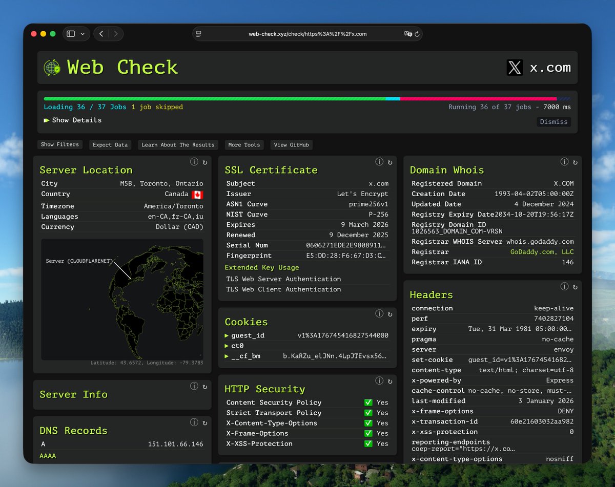 kosuke_agos's tweet photo. Webサイトの情報を完全に丸裸にするツール「Web-Check」が、エンジニアの好奇心を強烈に刺激する完成度です。

URLを入力するだけで、そのサイトの裏側にあるインフラ、セキュリティ、運用情報のすべてを瞬時に可視化します。UIもハッカーが操るコンソールのようなデザインです。

その圧倒的な機能の全容を、3つの視点で整理しました。

1. インフラとネットワーク構造の解剖
サーバーの物理的な位置から通信経路まで、ネットワークの深層を明らかにします。
・IP詳細とサーバーの場所：ホスティングプロバイダや物理的な位置情報の特定。
・DNSレコード：A、CNAME、MX、TXTなど全レコードの構成確認。
・オープンポート：外部に公開されているポートの検出による脆弱性チェック。
・トレースルート：サーバー到達までのネットワーク経路の可視化。
・関連ホスト名：同一IPや関連ドメインで運用されている他サイトの特定。

2. セキュリティと認証の深層分析
サイトがどのように守られているか、あるいはどこに隙があるかを浮き彫りにします。
・SSL証明書：証明書の発行元、有効期限、暗号化強度の詳細。
・DNSSEC：DNSの正当性を保証する署名鍵の運用状況。
・ドメイン情報：Whois情報を含むドメインの登録者や有効期限。
・クッキー：発行されるCookieの種類と、セキュリティ属性（Secure/HttpOnly）の確認。

3. 運用ルールとパフォーマンスの可視化
サイトがどのように振る舞い、外部からどう見えるかを分析します。
・クローラーのルール：robots.txtによる検索エンジンの制御設定。
・リダイレクト履歴：最終的なURLに到達するまでの転送経路の追跡。
・サイトパフォーマンス：読み込み速度やレスポンスタイムの計測。