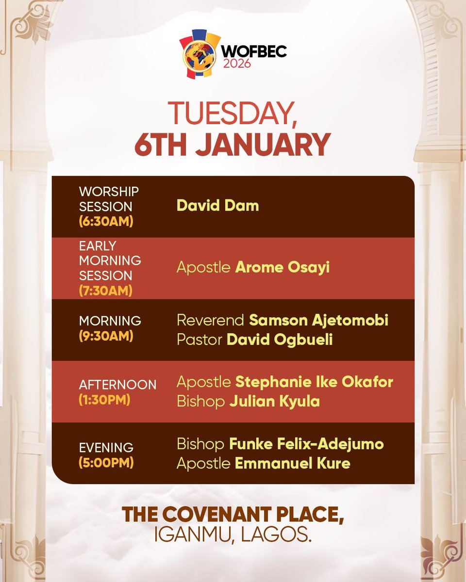 WOFBEC's tweet image. Welcome to Day 5 of #WOFBEC2026, and this is today's lineup!

Join us with open hearts to receive all that God has set apart for you today.

#WOFBEC #thecovenantnation #ThyKingdomCome