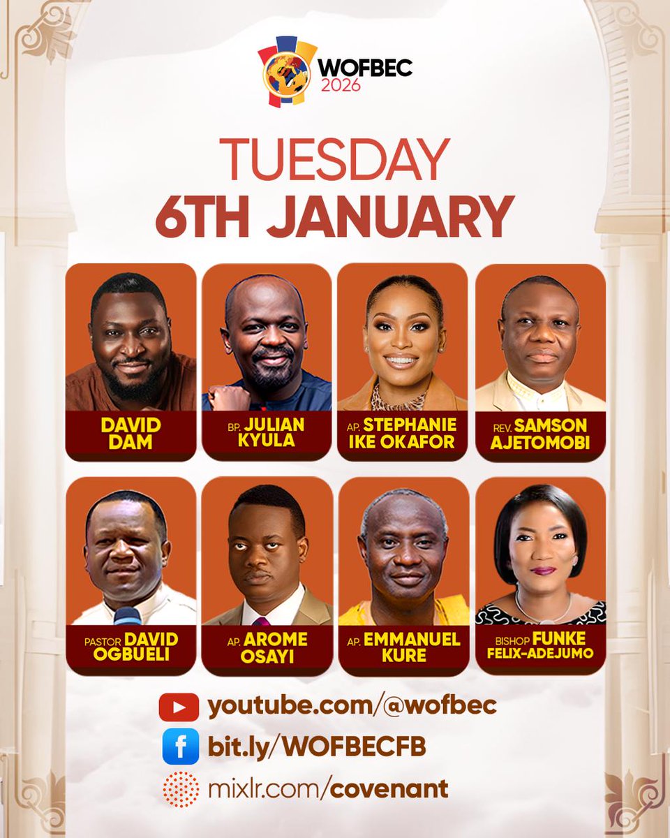 WOFBEC's tweet image. Welcome to Day 5 of #WOFBEC2026, and this is today's lineup!

Join us with open hearts to receive all that God has set apart for you today.

#WOFBEC #thecovenantnation #ThyKingdomCome