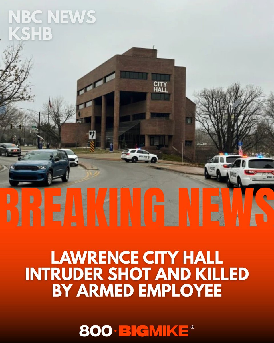 An intruder who forced his way into Lawrence City Hall in Kansas was shot and killed by an armed city employee after a physical altercation on the building’s fourth floor, police say. No city staff were seriously hurt, and the incident is under investigation.