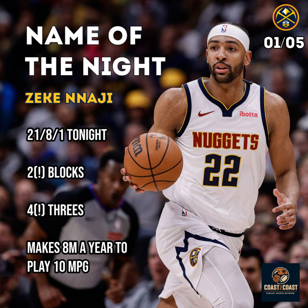 C2CFantasyNBA's tweet photo. Name of the Night 1/5 - Zeke Nnaji

🔥21 points
🔥🔥2 blocks
🔥🔥🔥4 threes

🚑Nuggets entire starting five was OUT

💎Ranked 47th with Jokic/Valanciunas OUT

❌Not an add unless something like this happens again, but good to see Nnaji can still hoop

#FantasyBasketball https://t.co/XGyOsMZzYq
