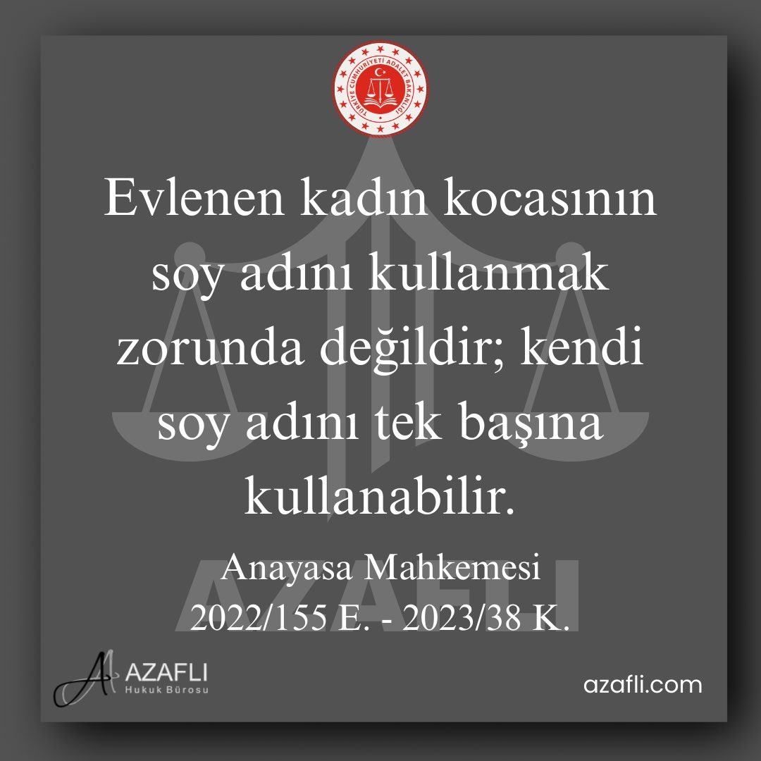 Evlenen kadın kocasının soy adını kullanmak zorunda değildir; kendi soy adını tek başına kullanabilir.

Anayasa Mahkemesi
2022/155 Ε. - 2023/38 Κ.
#hukuk #yargıtay #emsal #güncel #evli