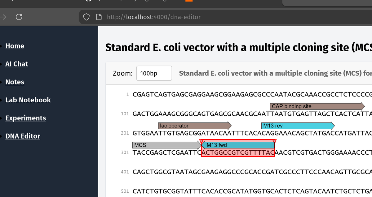 DNAutics's tweet photo. fucking four hours on claude and I was able to implement what benchling hasn't gotten right in 10 years...  Properly aligned sequence selection highlighting and a not-insane reverse complement selection.  #molbio #vibecode https://t.co/WmjLmB791F