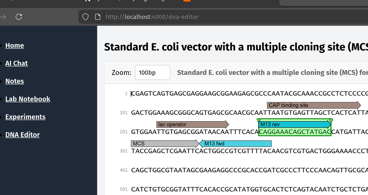 DNAutics's tweet photo. fucking four hours on claude and I was able to implement what benchling hasn't gotten right in 10 years...  Properly aligned sequence selection highlighting and a not-insane reverse complement selection.  #molbio #vibecode https://t.co/WmjLmB791F