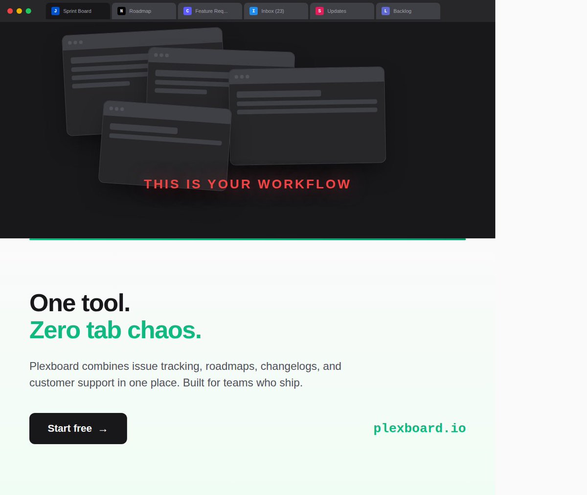 This was my browser every day. Jira in one tab, Notion in another, Canny for feedback, Intercom for support.
Shipping a feature meant updating 4 different apps.
So I built the all-in-one I actually wanted to use.
plexboard.io — 25 free spots open