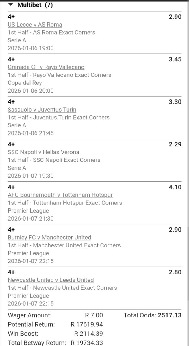 CornersCode's tweet photo. BW2FCFB9BB
Letโs repeat that 4+ Corners First Half magic tonight โฝ๐ฅ
We did it before โ time to BOOM again! ๐
#4PlusCorners #FirstHalfCorners #Betway #BoomTicket #BettingTwitter #PuntersLife #WeekendBoom #BetwayZA #SoccerTips #WinningVibes #RSAZIM #Zimbabwe #ZIMRSA #BafanaBafana #Sithole #AFCON2025 #cameroon #Mbule