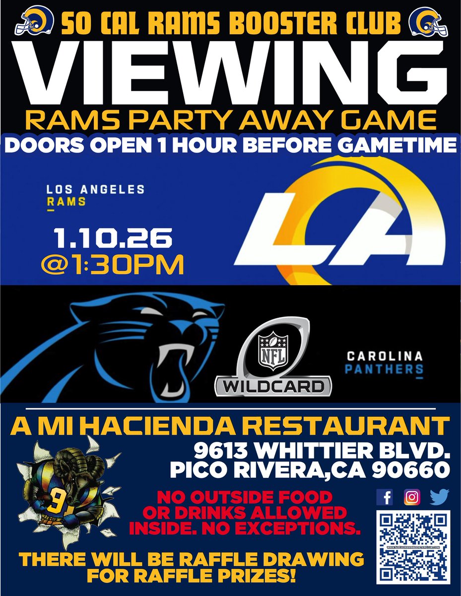 SoCalRamsBC's tweet photo. JOIN US FOR #WildCardSaturday
🎟️ FREE ENTRY! (Food/Drinks available for purchase)
🚫 NO Outside Food or Drinks. Policy Attire Enforced 🚫
#SoCalRamsBoosterClub #SoCalRams #LARams #RamsHouse https://t.co/Fs0xQYi2yg