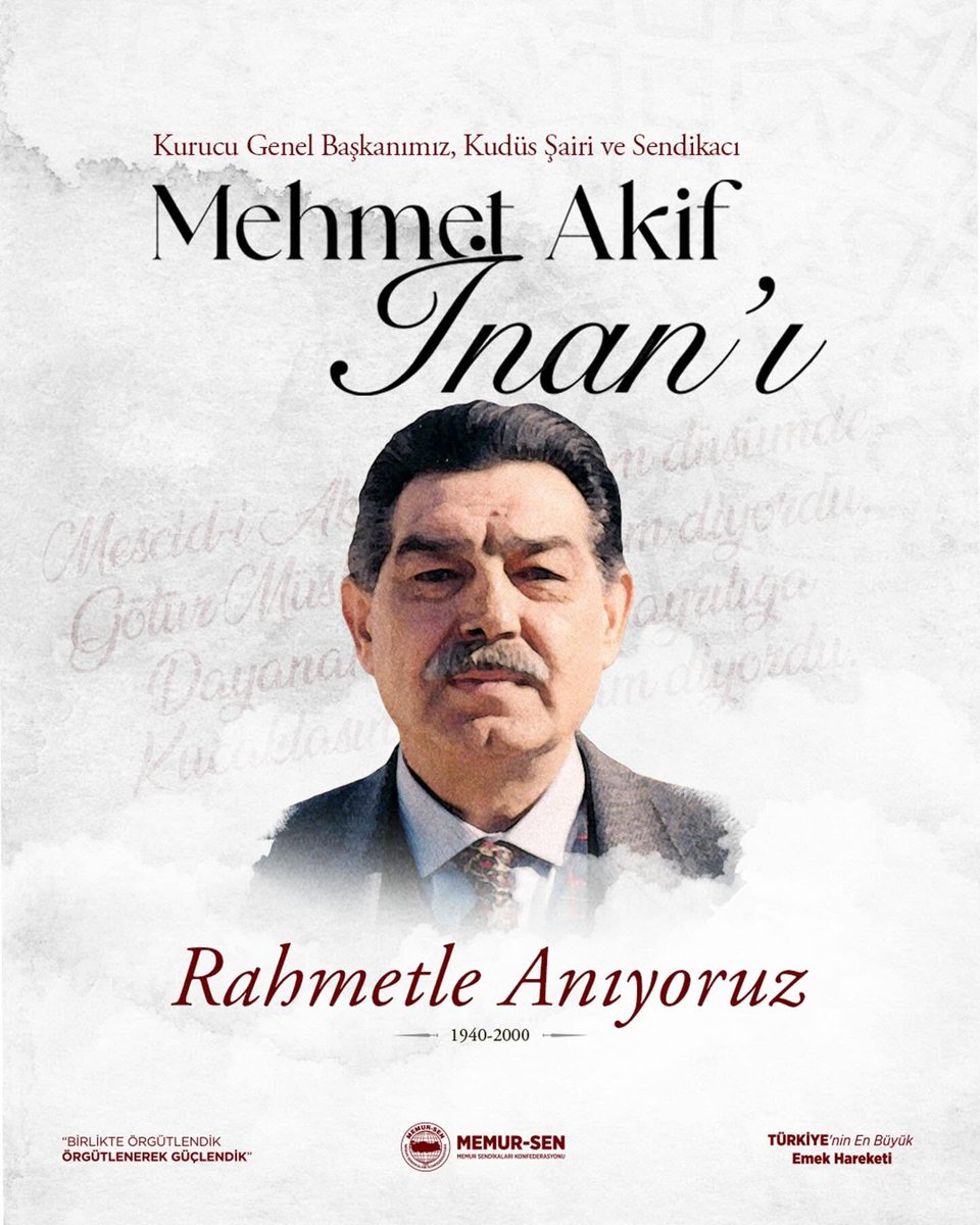 Kalemi ve fikirleriyle yol gösteren, mücadelesiyle sendikal anlayışa yeni bir soluk getiren Memur-Sen'imizin kurucusu Genel Başkanımız Mehmet Akif İnan'ı rahmet ve şükranla anıyoruz.

#MehmetAkifİnan