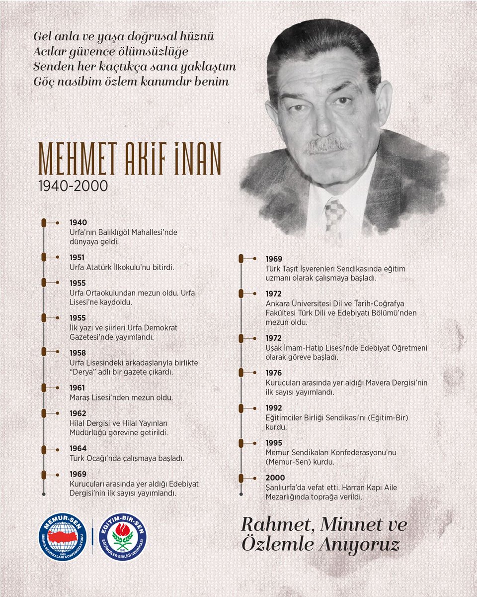 “Gel anla ve yaşa doğrusal hüznü
Acılar güvence ölümsüzlüğe”

Düşünceyi eylemle bilgiyi sorumlulukla buluşturan, yazdıklarıyla fikir dünyamızı olgunlaştıran, şiirleriyle şuur kazandıran, öğretmenliğiyle örnek olan, sendikal duruş ve mücadelesiyle Türkiye’de emek hareketine