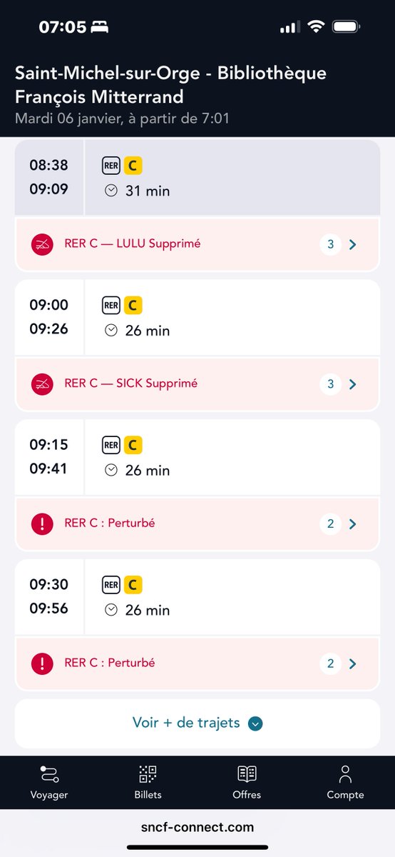 Florasks22's tweet photo. @RERC_SNCF Bonjour, sur l’appli SNCF Connect, tous les trains au départ de la gare de St Michel sur Orge en direction de Paris sont signalés comme étant supprimés jusqu’à 9:00.. Des nouvelles? https://t.co/G3V9UynMFu