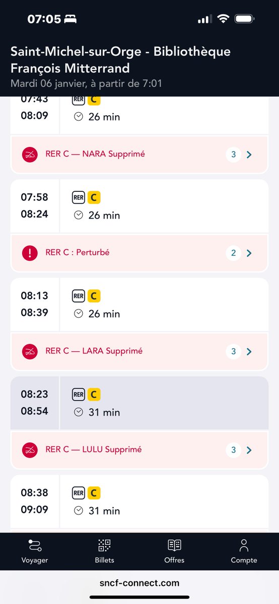 Florasks22's tweet photo. @RERC_SNCF Bonjour, sur l’appli SNCF Connect, tous les trains au départ de la gare de St Michel sur Orge en direction de Paris sont signalés comme étant supprimés jusqu’à 9:00.. Des nouvelles? https://t.co/G3V9UynMFu