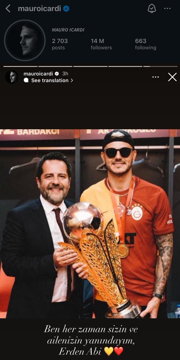 Mauro Icardi'nin Erden Timur paylaşımı:

“Ben her zaman sizin ve ailenizin yanındayım Erden Abi 💛❤️”